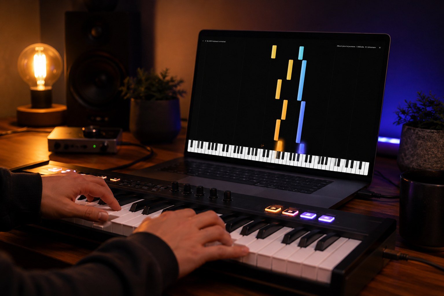 KeyFall used on a Mac with a MIDI keyboard, at night