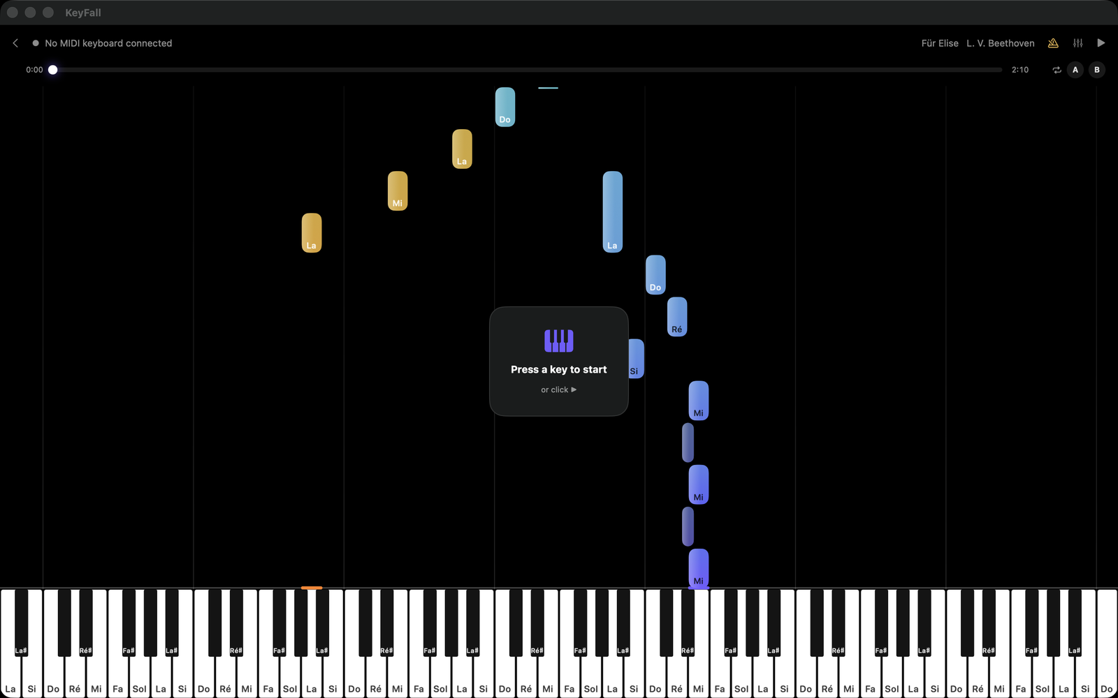 KeyFall's Home screen on Mac: song list sorted by difficulty, with the detail panel for a song, the mode picker and the Play button