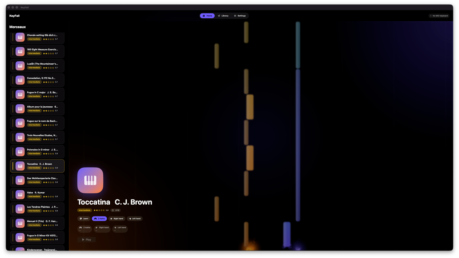 KeyFall's Home screen: song library sorted by difficulty, with the detail panel for a selected song
