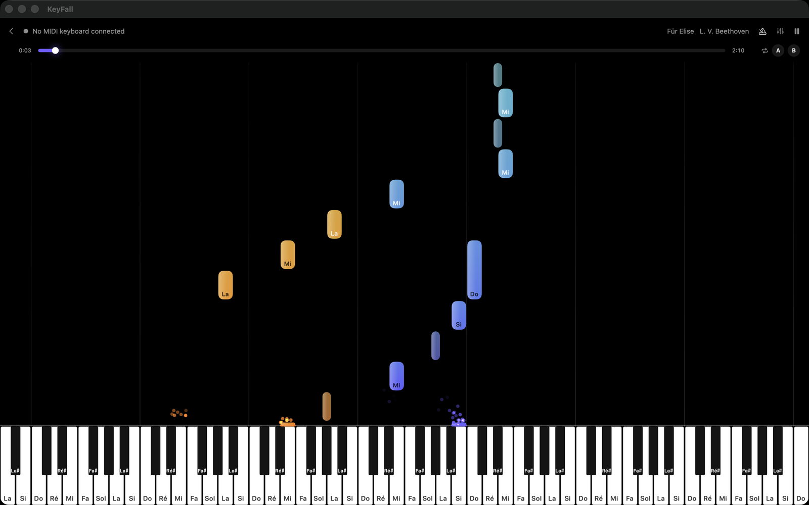 KeyFall's Play screen on Mac: notes fall in color toward the virtual keyboard, with note names, synced to the physical MIDI keyboard