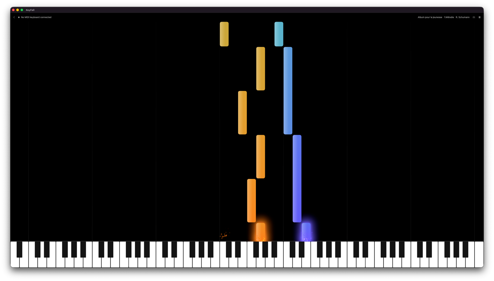 KeyFall's Play screen: notes fall in color toward the virtual keyboard, synced to the physical MIDI keyboard
